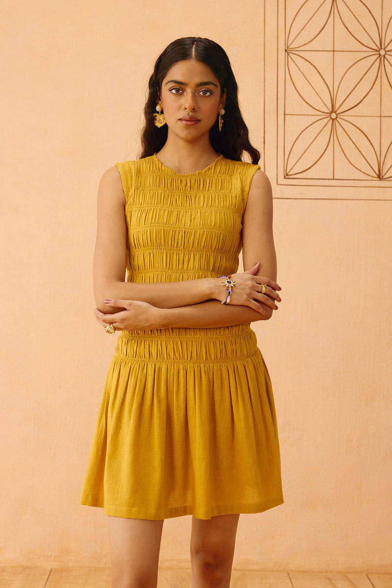 Golden Glow Kala Cotton Dress cotton dress by SUI in mustard for women Worldwide