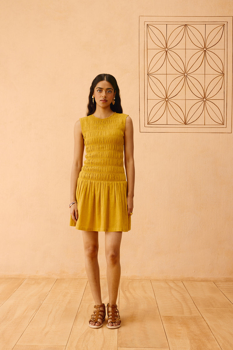 Golden Glow Kala Cotton Dress cotton dress by SUI in mustard for women Worldwide