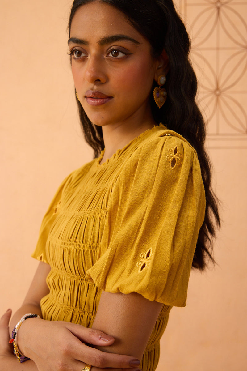 Golden Glow Kala Cotton Dress cotton dress by SUI in mustard for women Worldwide