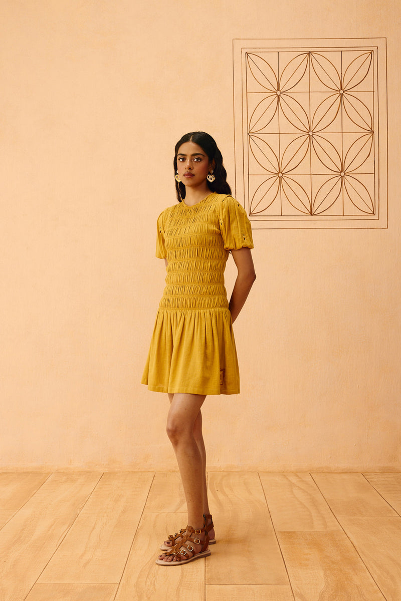 Golden Glow Kala Cotton Dress cotton dress by SUI in mustard for women Worldwide