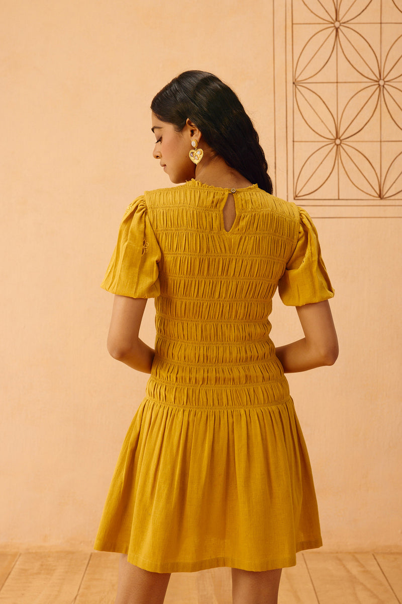 Golden Glow Kala Cotton Dress cotton dress by SUI in mustard for women Worldwide