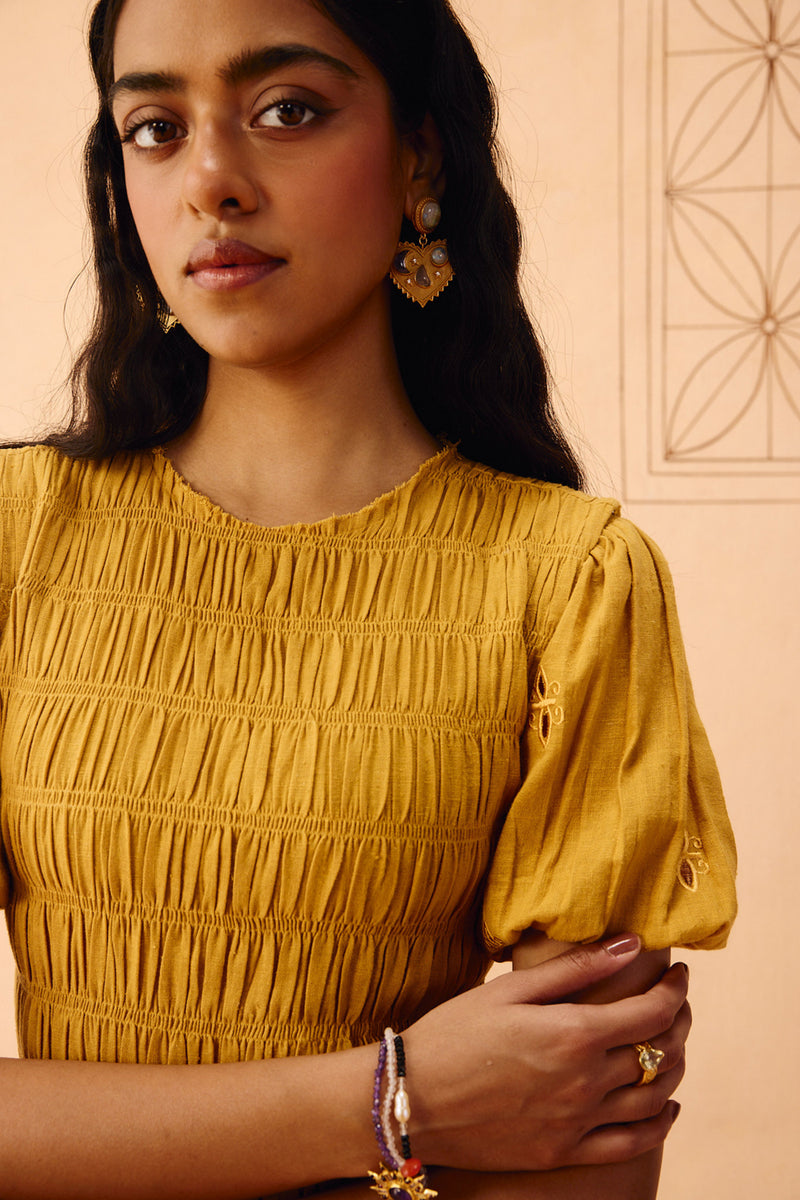 Golden Glow Kala Cotton Dress cotton dress by SUI in mustard for women Worldwide