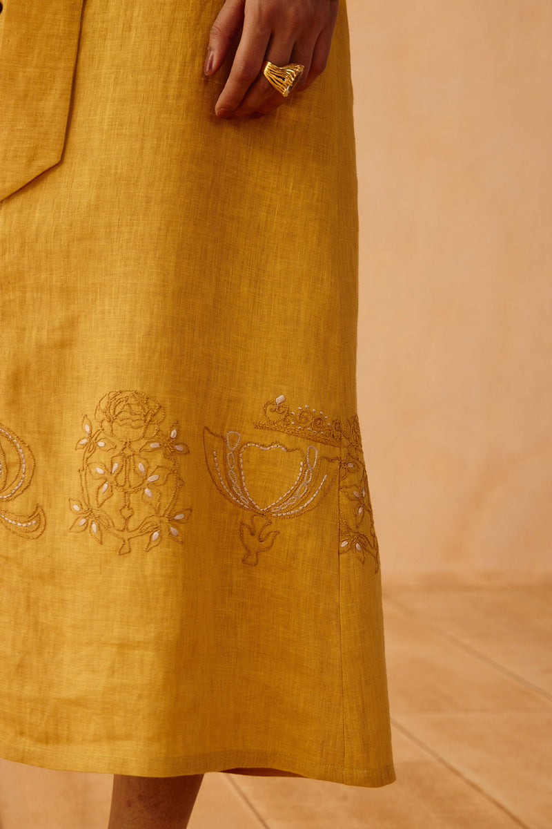 Golden Palm Linen Maxi Dress linen dress by SUI in mustard for women Worldwide