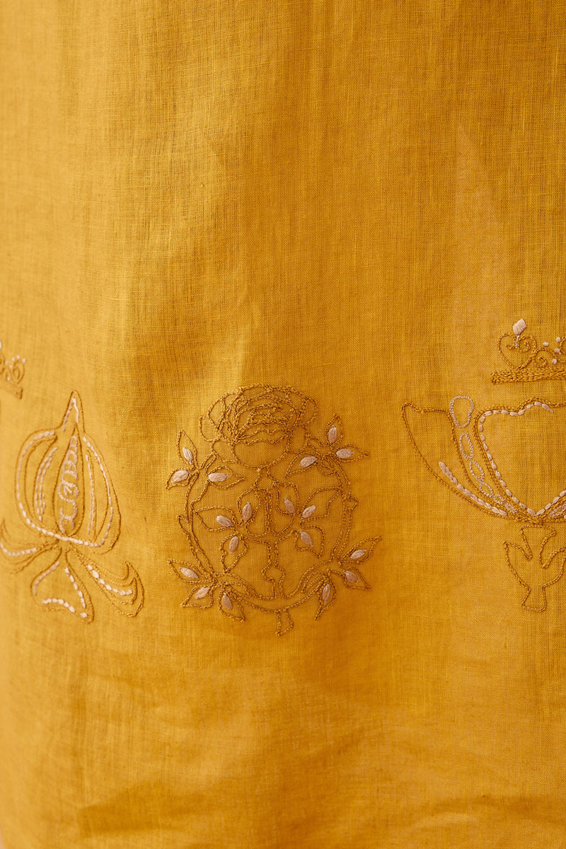 Golden Palm Linen Maxi Dress linen dress by SUI in mustard for women Worldwide