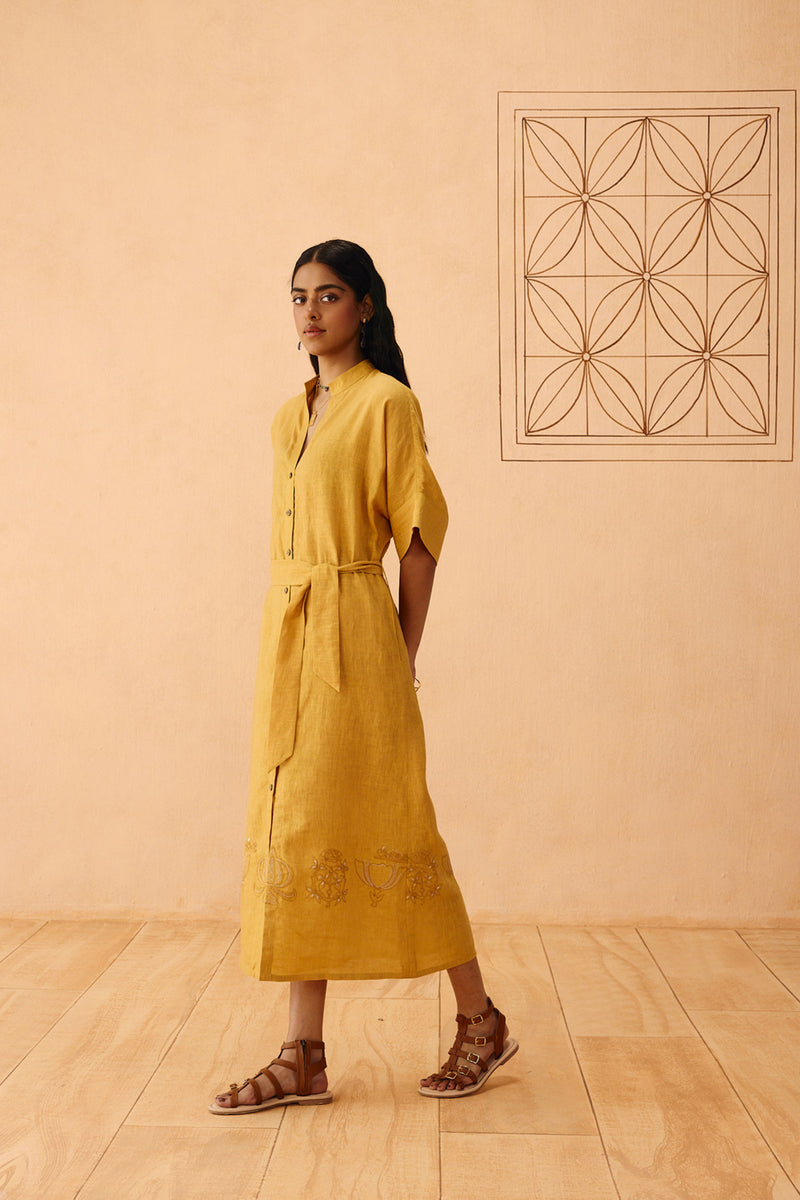 Golden Palm Linen Maxi Dress linen dress by SUI in mustard for women Worldwide