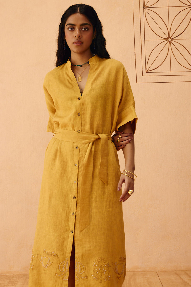 Golden Palm Linen Maxi Dress linen dress by SUI in mustard for women Worldwide