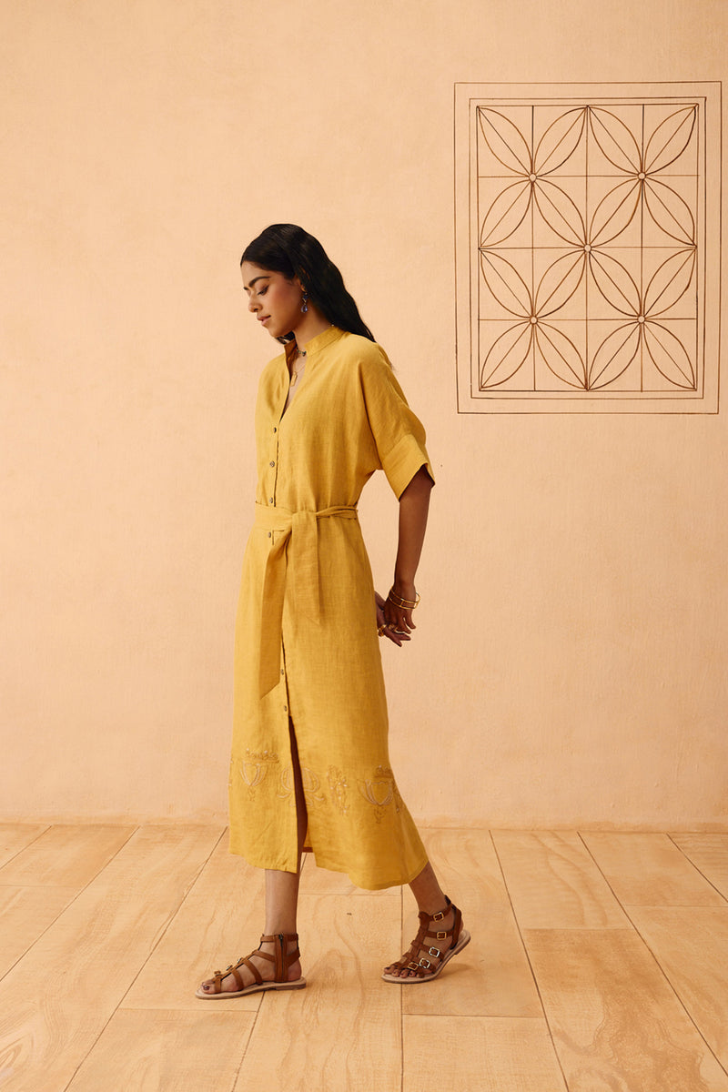 Golden Palm Linen Maxi Dress linen dress by SUI in mustard for women Worldwide