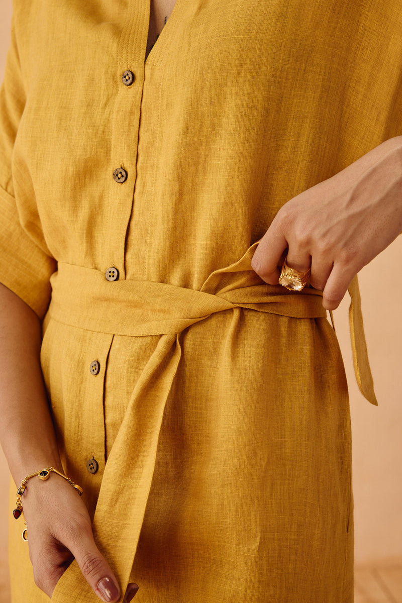 Golden Palm Linen Maxi Dress linen dress by SUI in mustard for women Worldwide