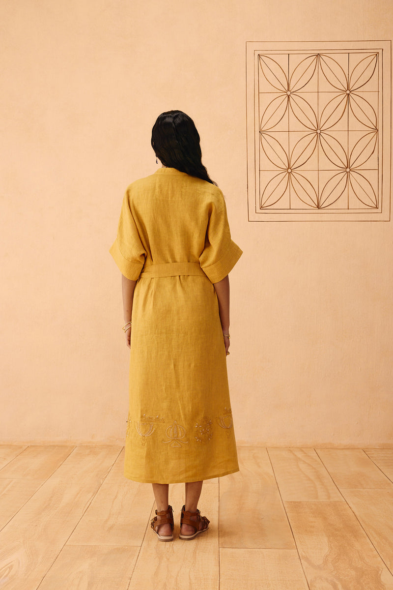 Golden Palm Linen Maxi Dress linen dress by SUI in mustard for women Worldwide