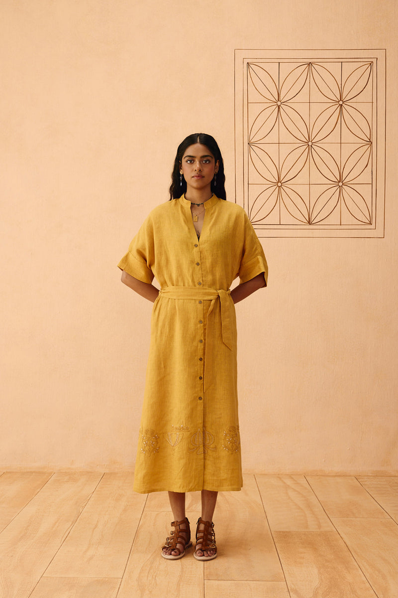 Golden Palm Linen Maxi Dress linen dress by SUI in mustard for women Worldwide