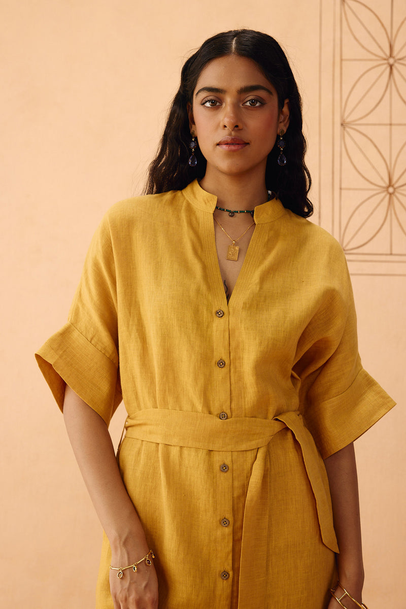 Golden Palm Linen Maxi Dress linen dress by SUI in mustard for women Worldwide
