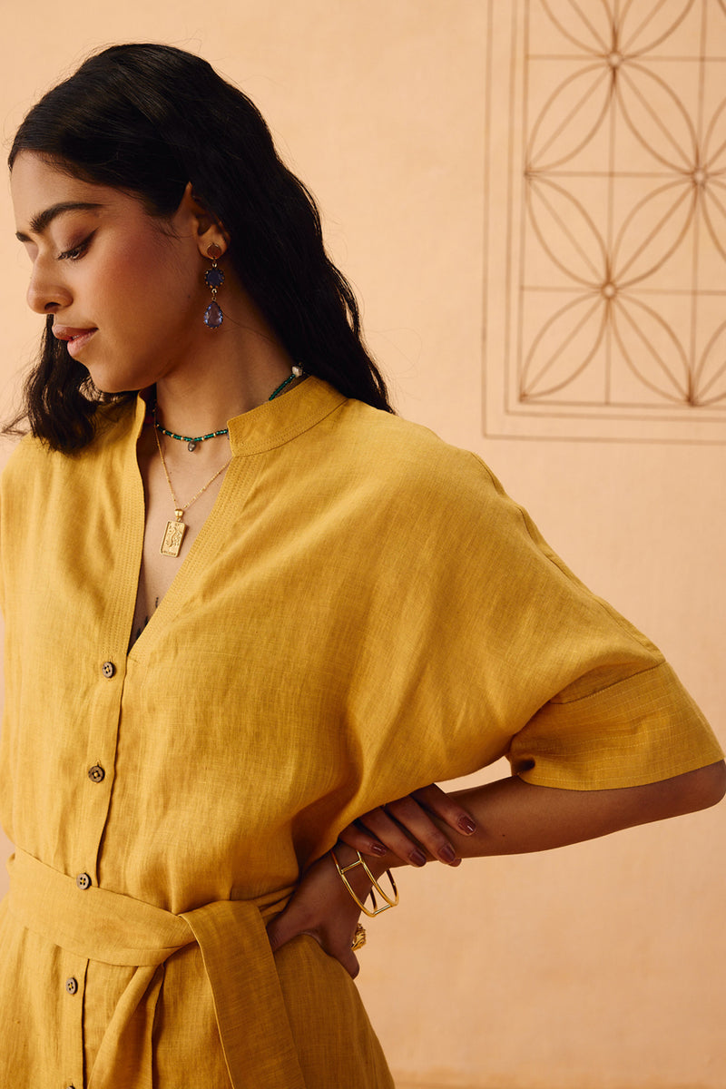 Golden Palm Linen Maxi Dress linen dress by SUI in mustard for women Worldwide