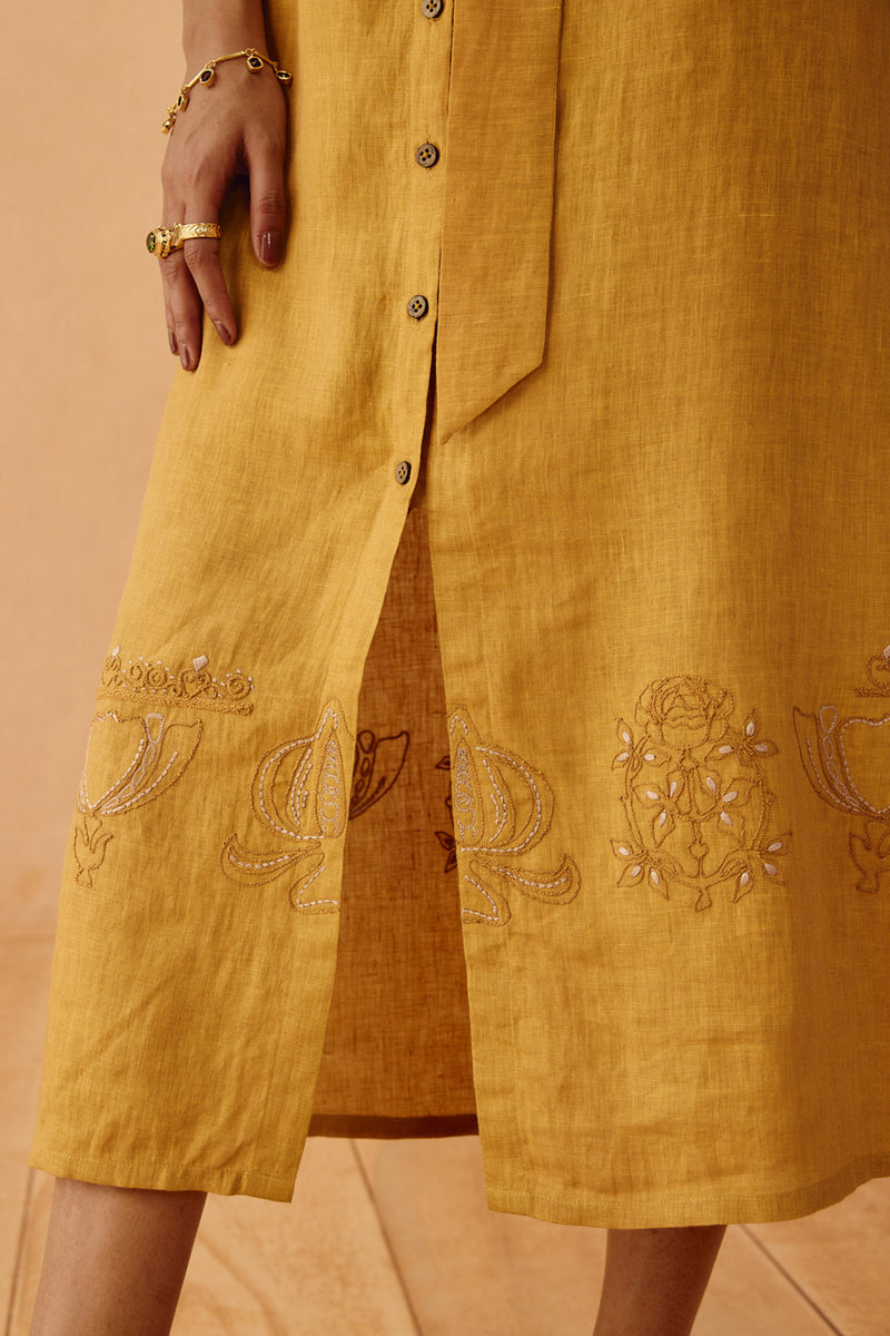 Golden Palm Linen Maxi Dress linen dress by SUI in mustard for women Worldwide