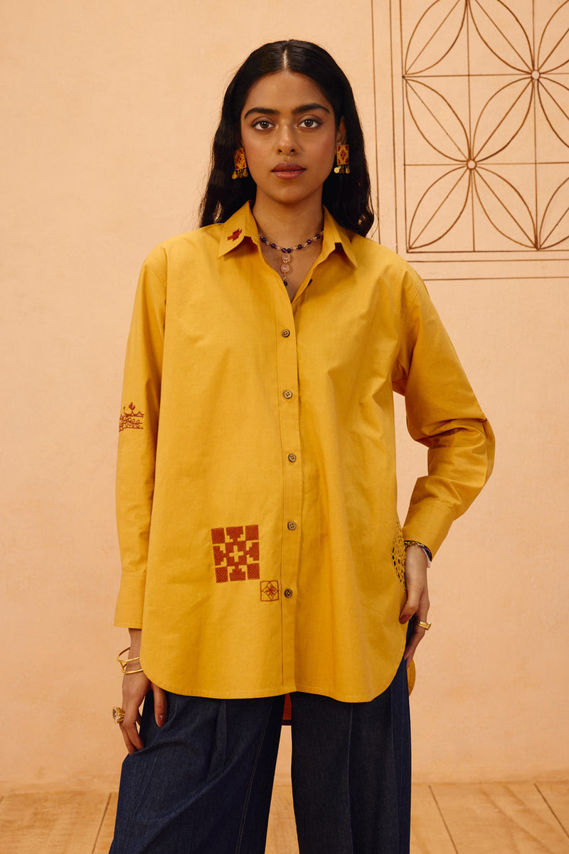 Golden Patterns Organic Cotton Shirt poplin top/shirt by SUI in mustard for women Worldwide