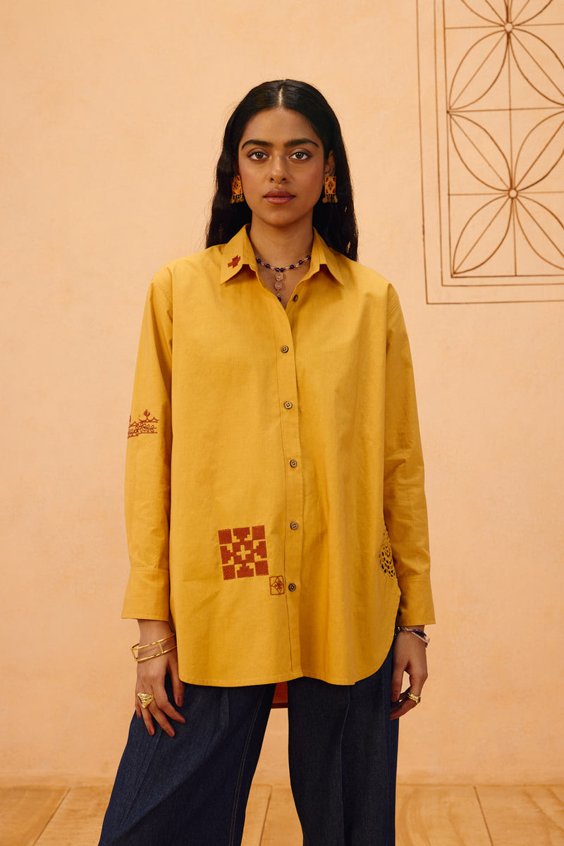 Golden Patterns Organic Cotton Shirt poplin top/shirt by SUI in mustard for women Worldwide