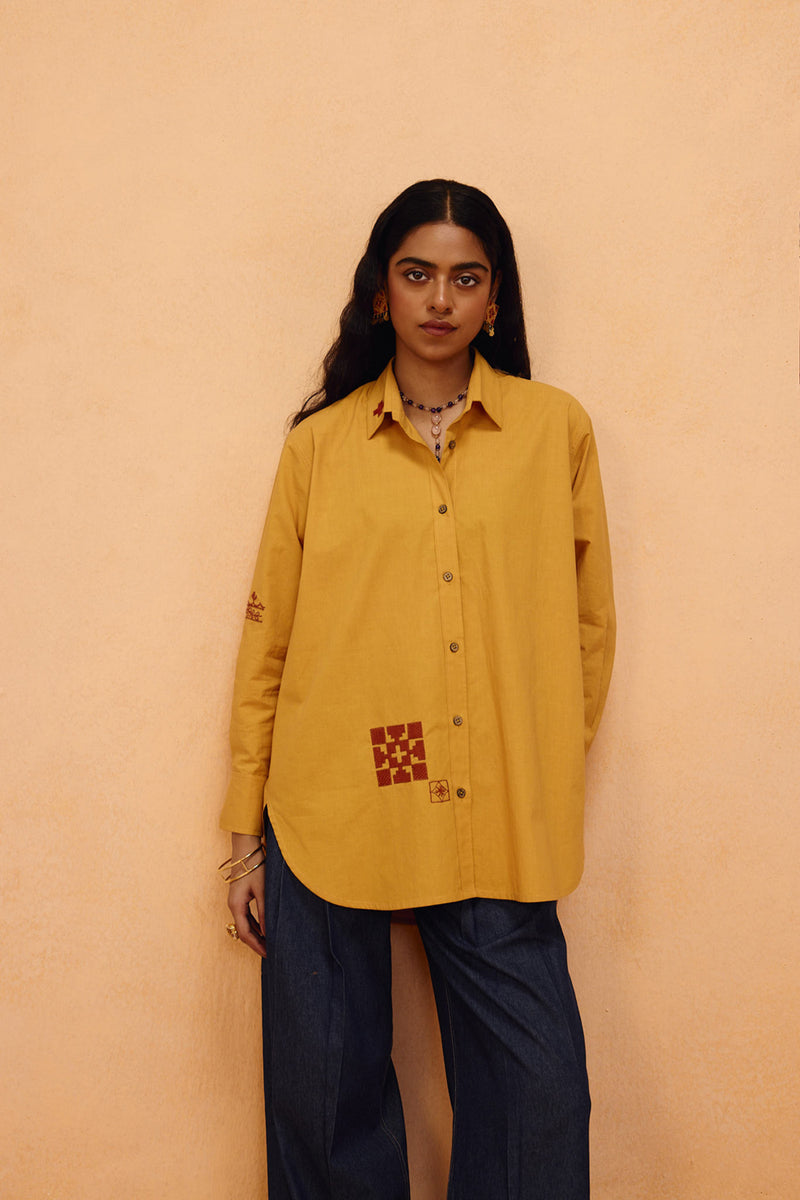 Golden Patterns Organic Cotton Shirt poplin top/shirt by SUI in mustard for women Worldwide