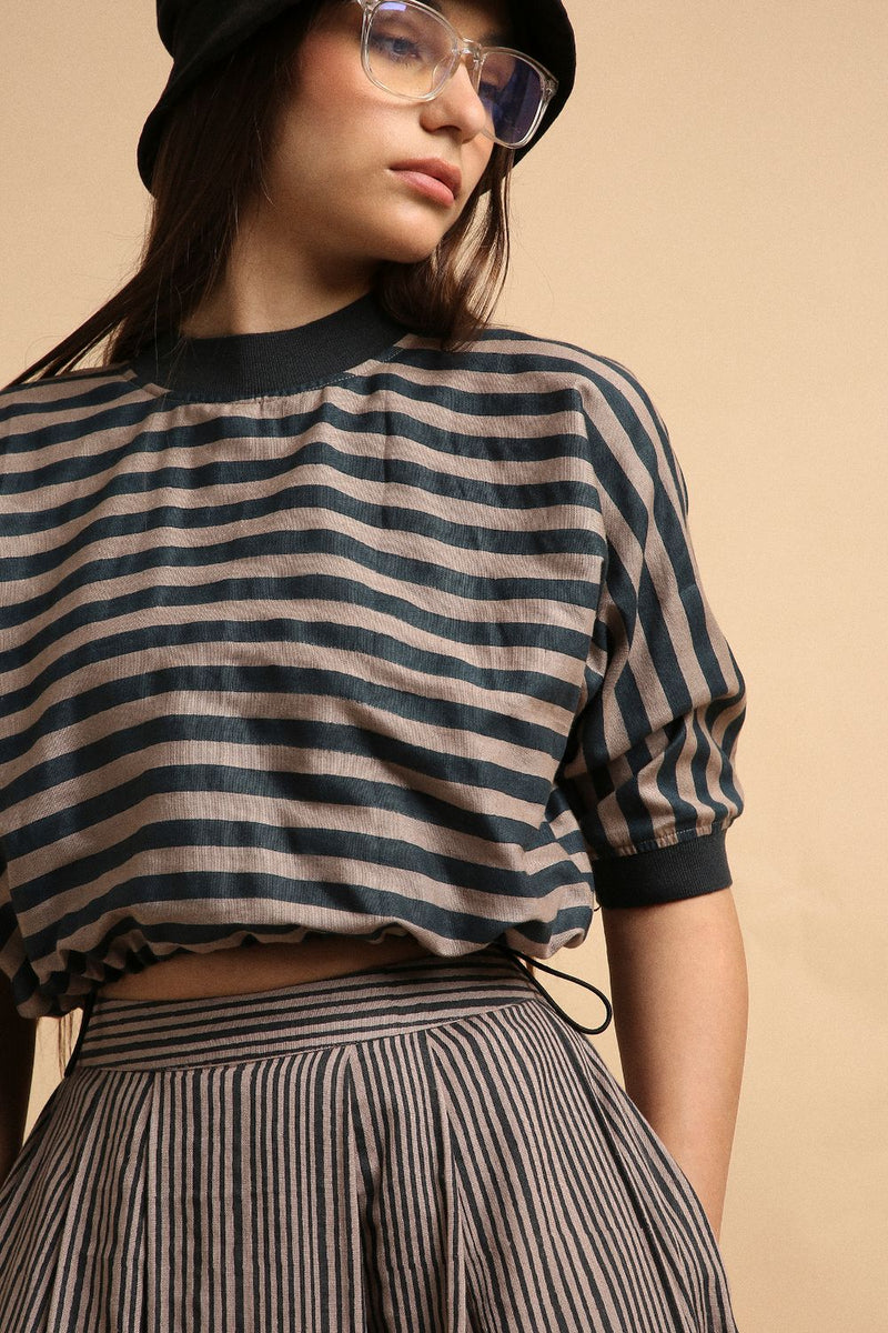 Gray Med Striped New Sphara Crop Top 100% cotton by Mati in gray color for women Worldwide
