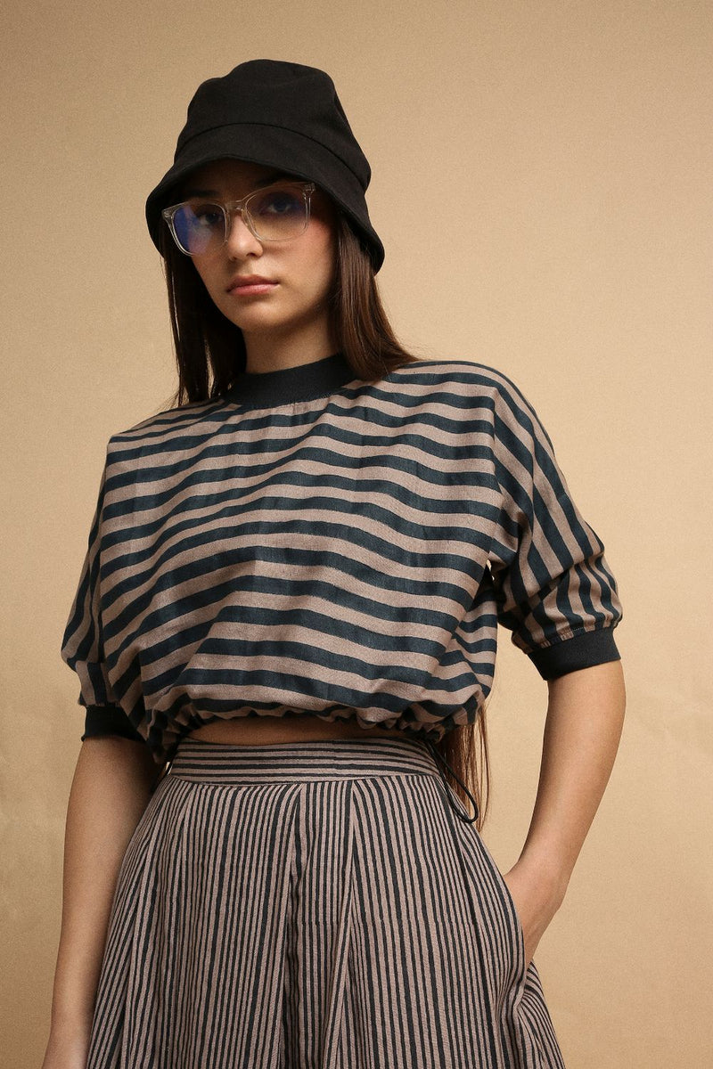 Gray Med Striped New Sphara Crop Top 100% cotton by Mati in gray color for women Worldwide