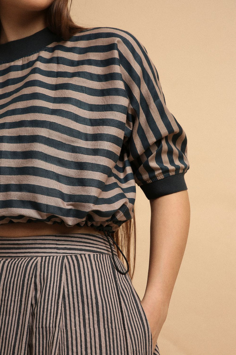 Gray Med Striped New Sphara Crop Top 100% cotton by Mati in gray color for women Worldwide
