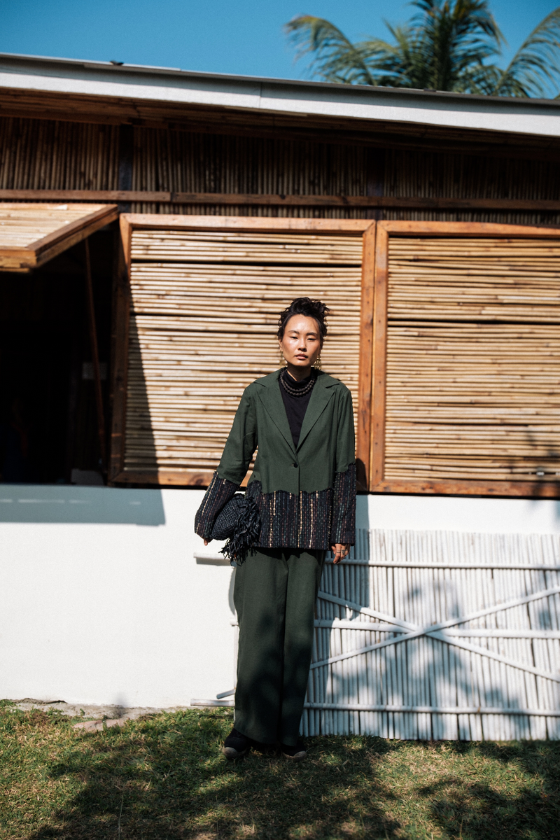 Upcycled Handwoven Sailor Flared Pants - Green cotton by The Terra Tribe in green color for women Worldwide