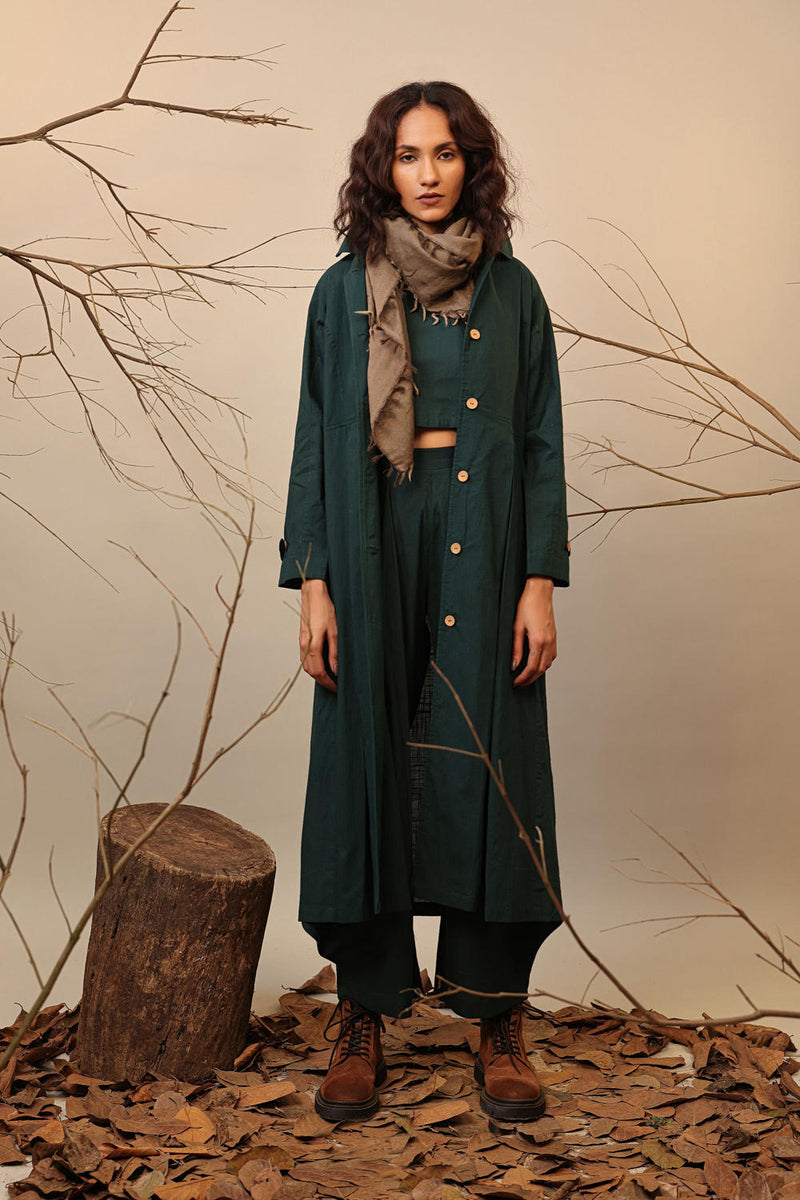 Green Cali Trench Jacket Set (3 PCS) 100% cotton by Mati in green color for women Worldwide