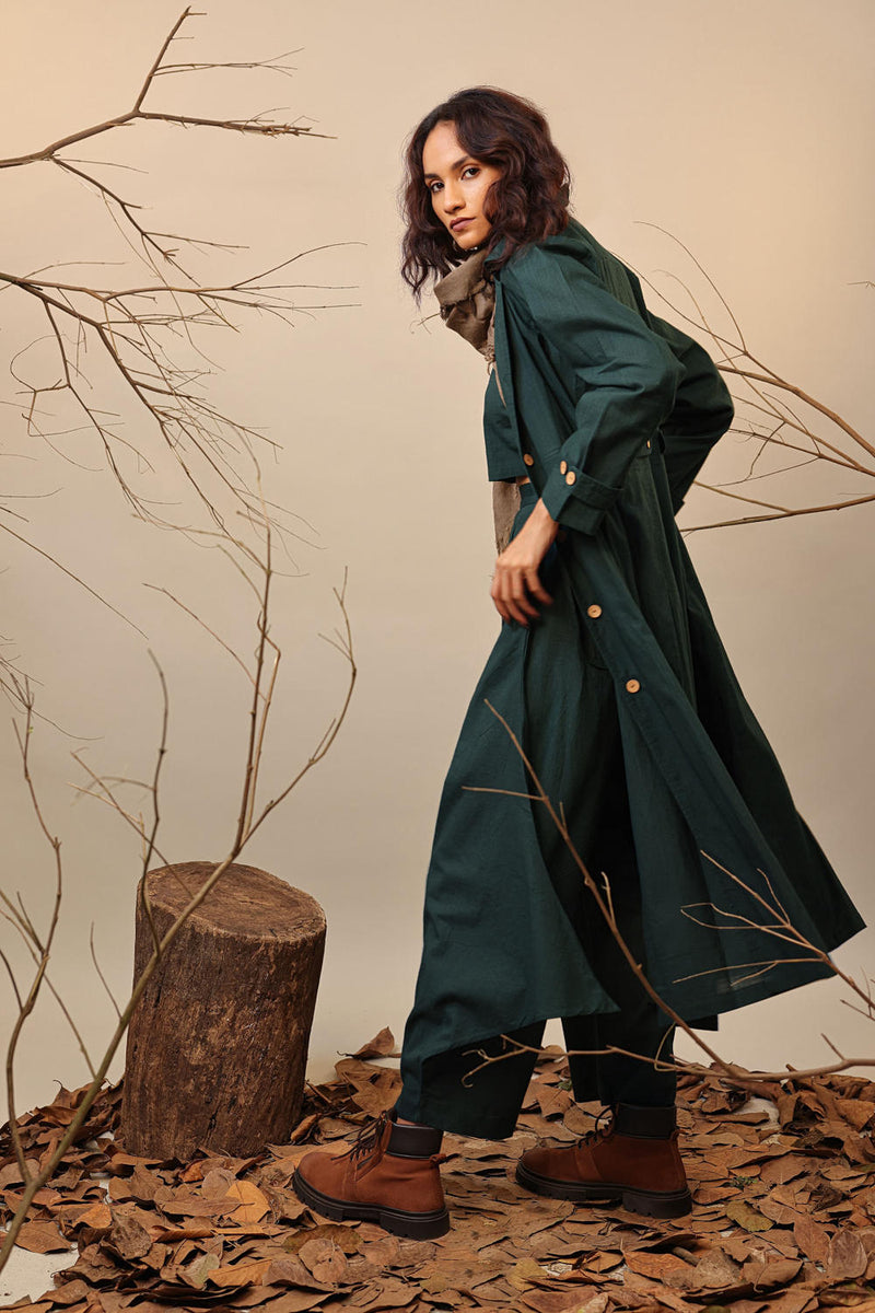 Green Cali Trench Jacket Set (3 PCS) 100% cotton by Mati in green color for women Worldwide