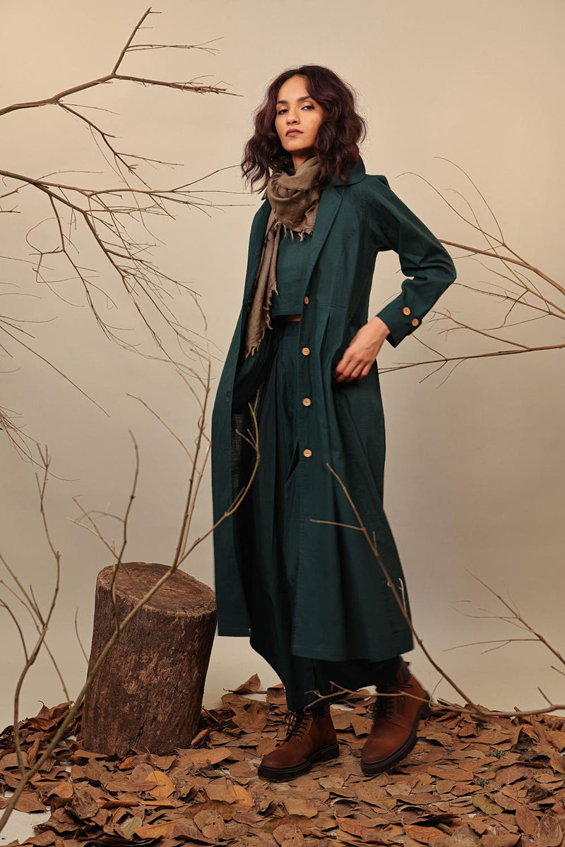 Green Cali Trench Jacket Set (3 PCS) 100% cotton by Mati in green color for women Worldwide