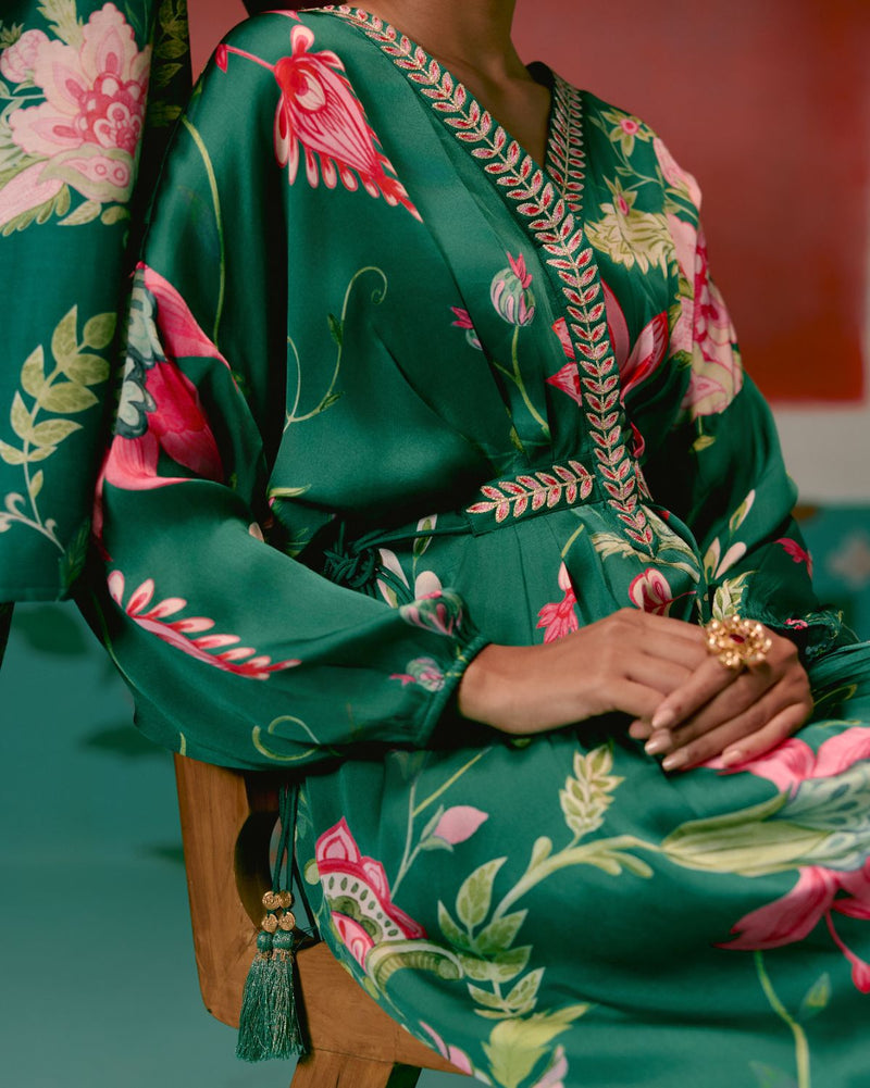 Green Chintz Kaftan Set georgette by Label Mogra in green color for women Worldwide