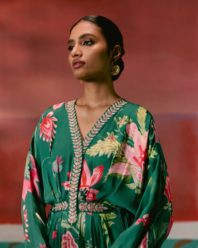 Green Chintz Kaftan Set georgette by Label Mogra in green color for women Worldwide