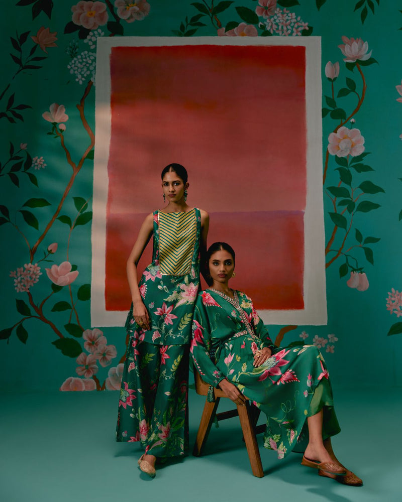 Green Chintz Kaftan Set georgette by Label Mogra in green color for women Worldwide