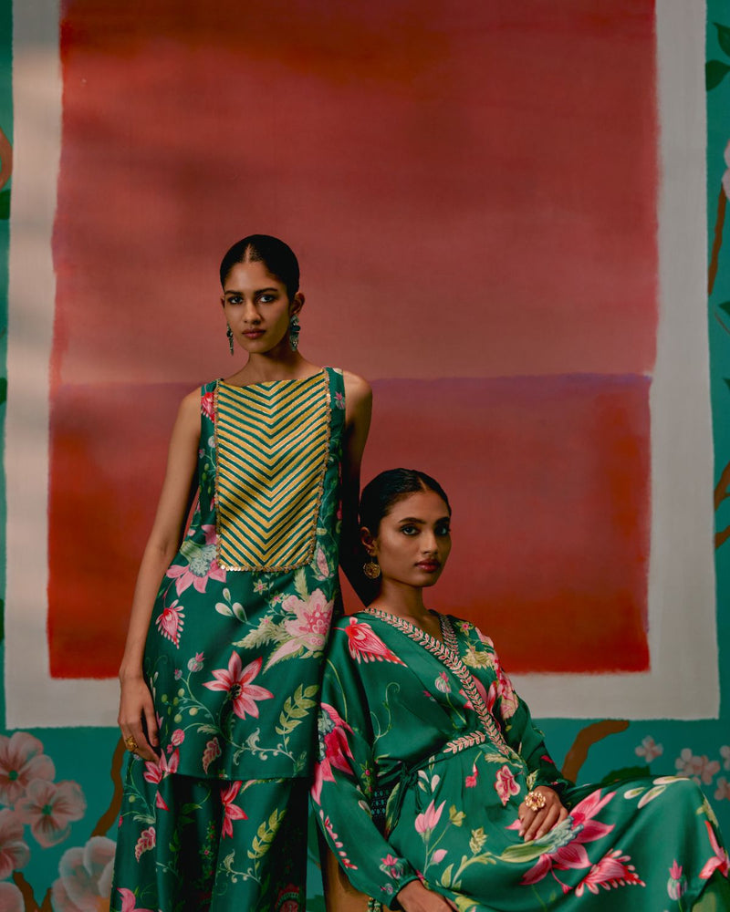 Green Chintz Sleeveless Kurta Set chanderi by Label Mogra in green color for women Worldwide