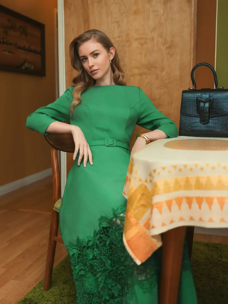 Green Crepe Boat Neck Midi Dress With Applique Cut Out by Mac Duggal in green color for women Worldwide