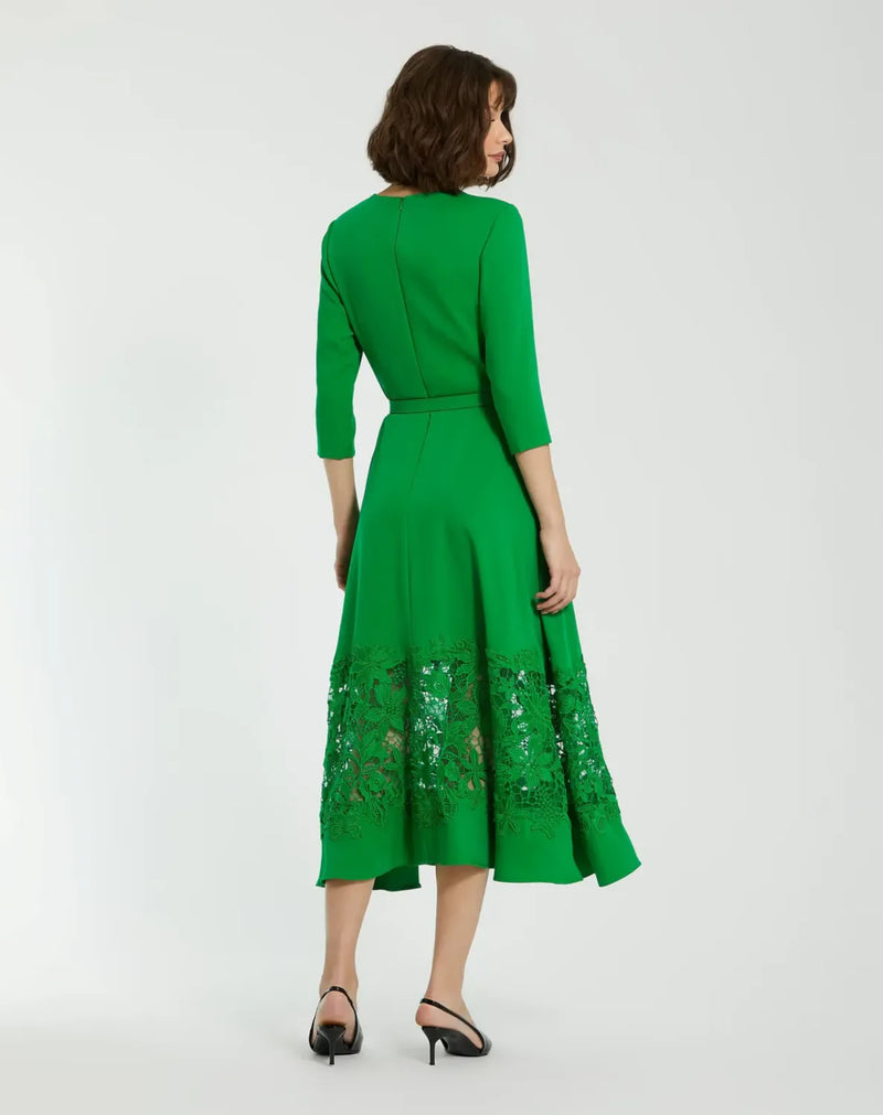 Green Crepe Boat Neck Midi Dress With Applique Cut Out by Mac Duggal in green color for women Worldwide