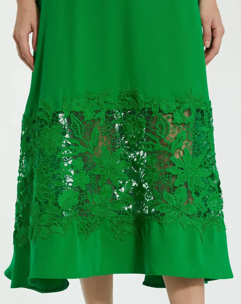 Green Crepe Boat Neck Midi Dress With Applique Cut Out by Mac Duggal in green color for women Worldwide