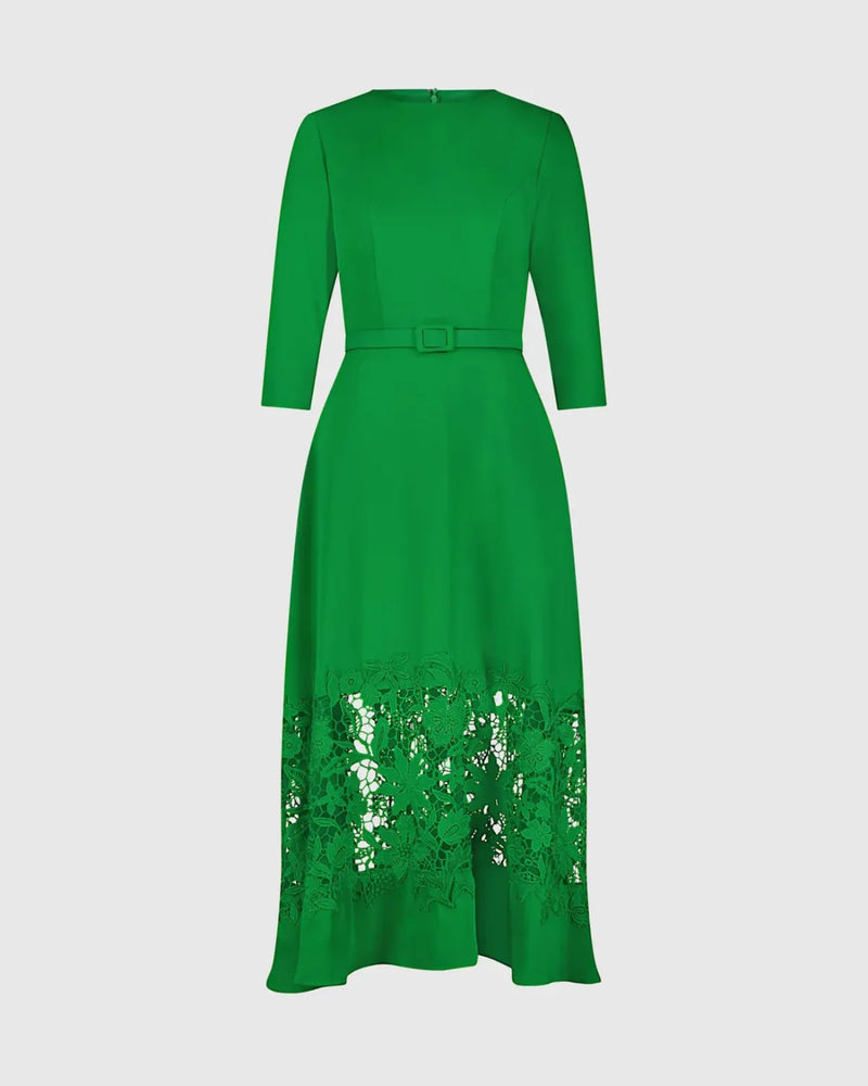 Green Crepe Boat Neck Midi Dress With Applique Cut Out by Mac Duggal in green color for women Worldwide