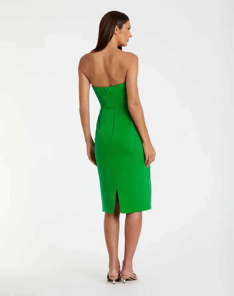 Green Crepe Strapless Twist Top Fitted Midi Dress by Mac Duggal in green color for women Worldwide