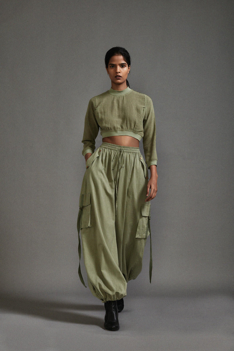 Green Crop Top and Cargo Set cotton by Mati in green color for women Worldwide