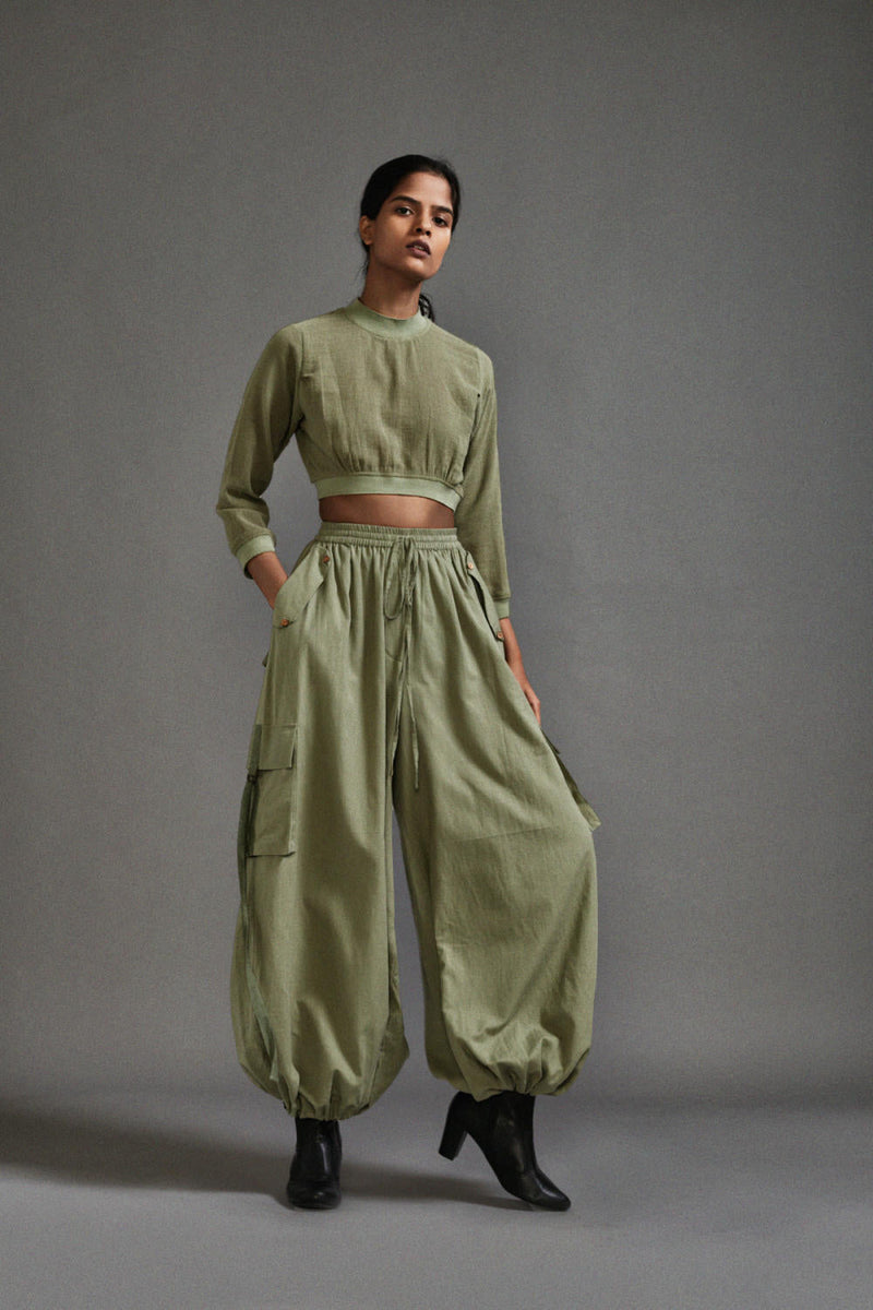 Green Crop Top and Cargo Set cotton by Mati in green color for women Worldwide