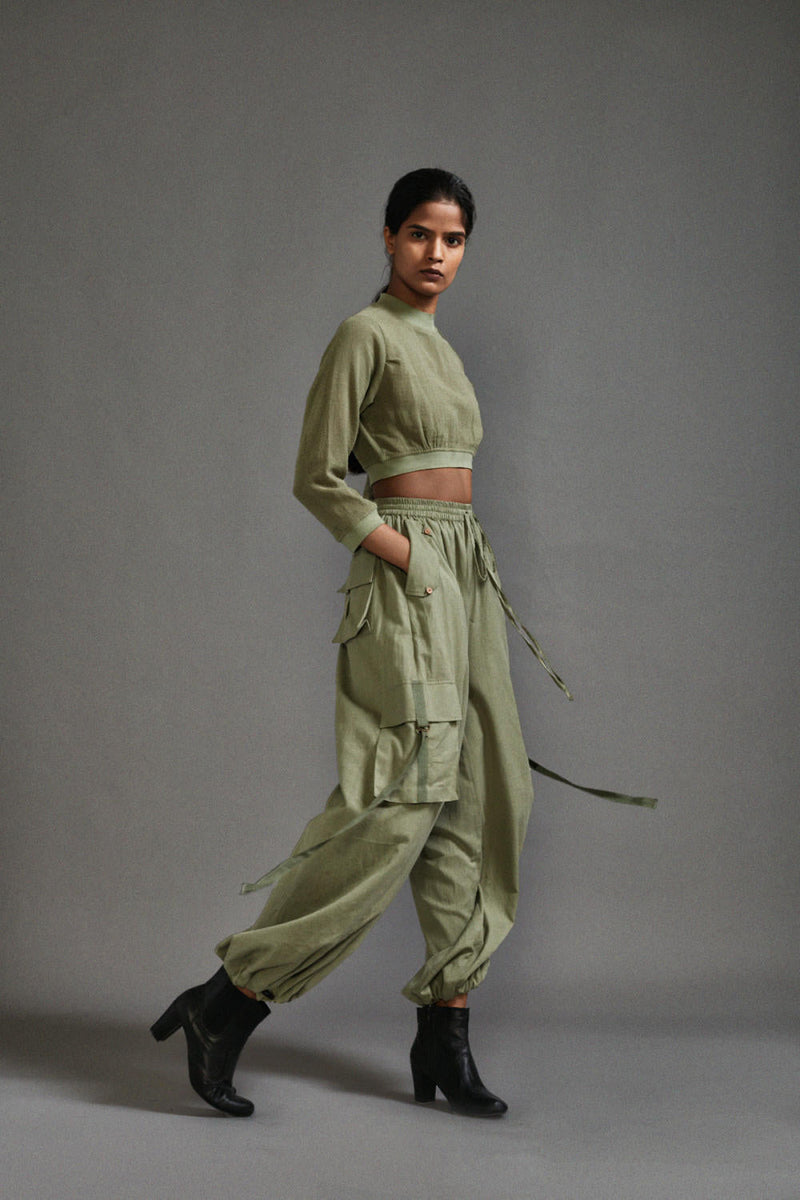 Green Crop Top and Cargo Set cotton by Mati in green color for women Worldwide
