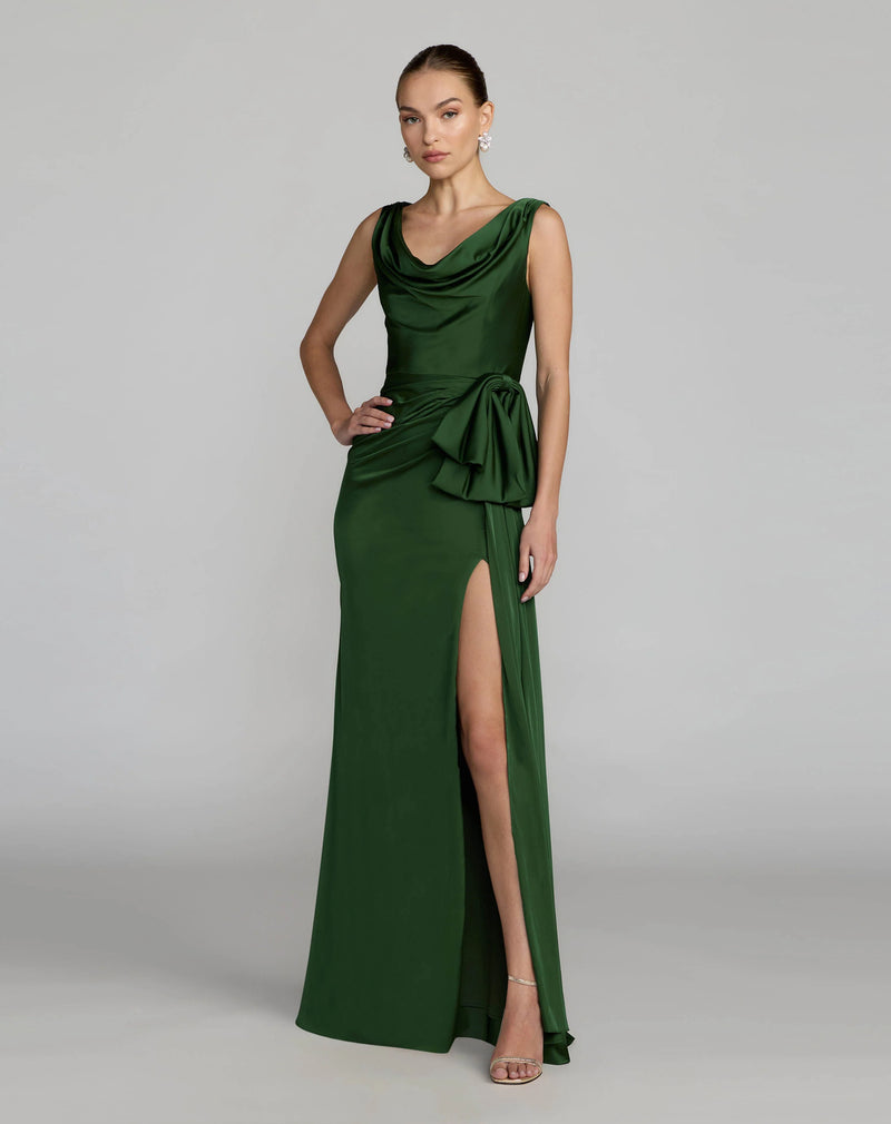 56230-Green Draped Cowl Neck Gown with Side Slit polyester evening-gowns by Mac Duggal in green for women Worldwide
