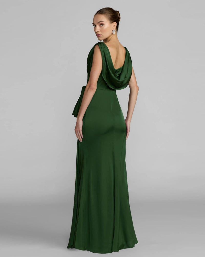 56230-Green Draped Cowl Neck Gown with Side Slit polyester evening-gowns by Mac Duggal in green for women Worldwide