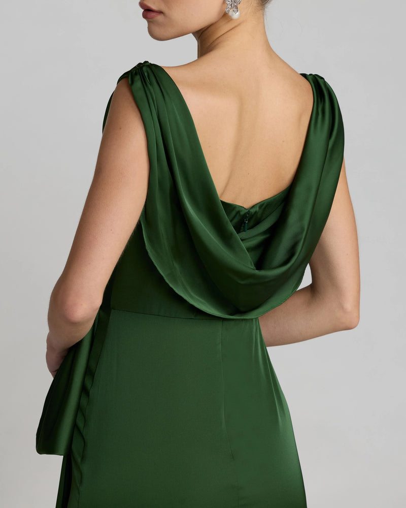 56230-Green Draped Cowl Neck Gown with Side Slit polyester evening-gowns by Mac Duggal in green for women Worldwide