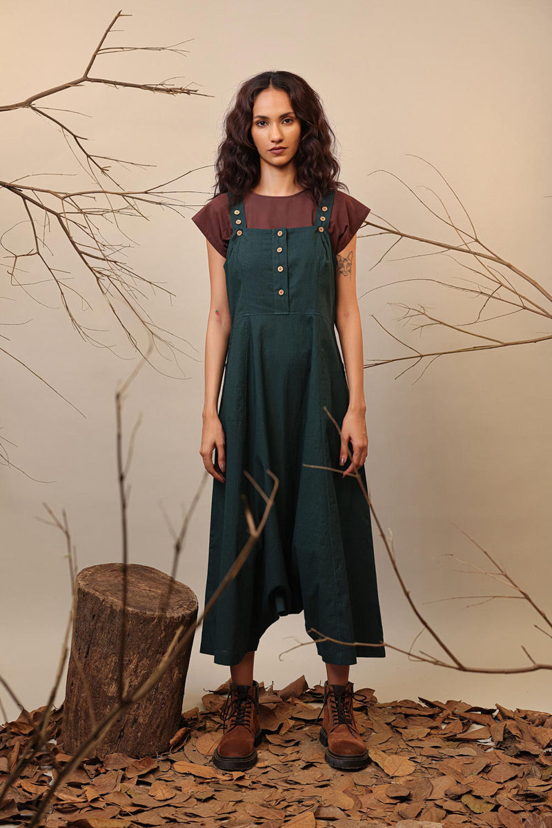 Green Dungarees 100% cotton by Mati in green color for women Worldwide