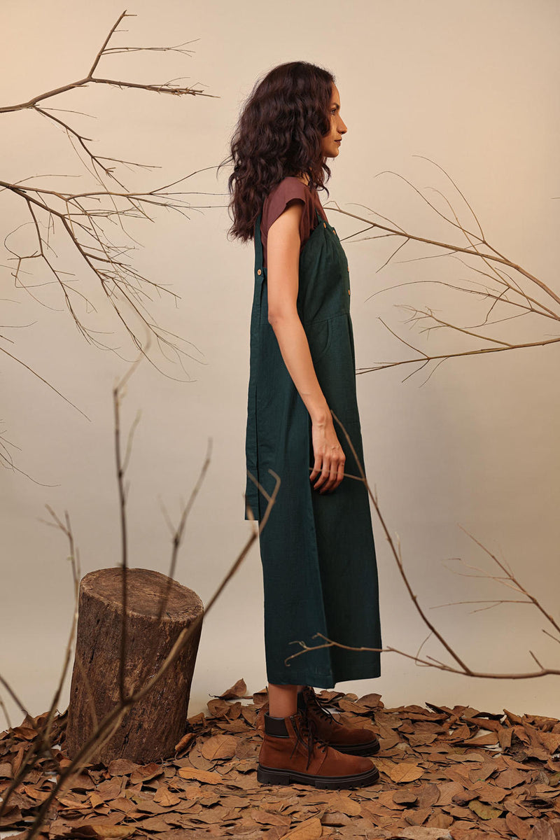 Green Dungarees 100% cotton by Mati in green color for women Worldwide