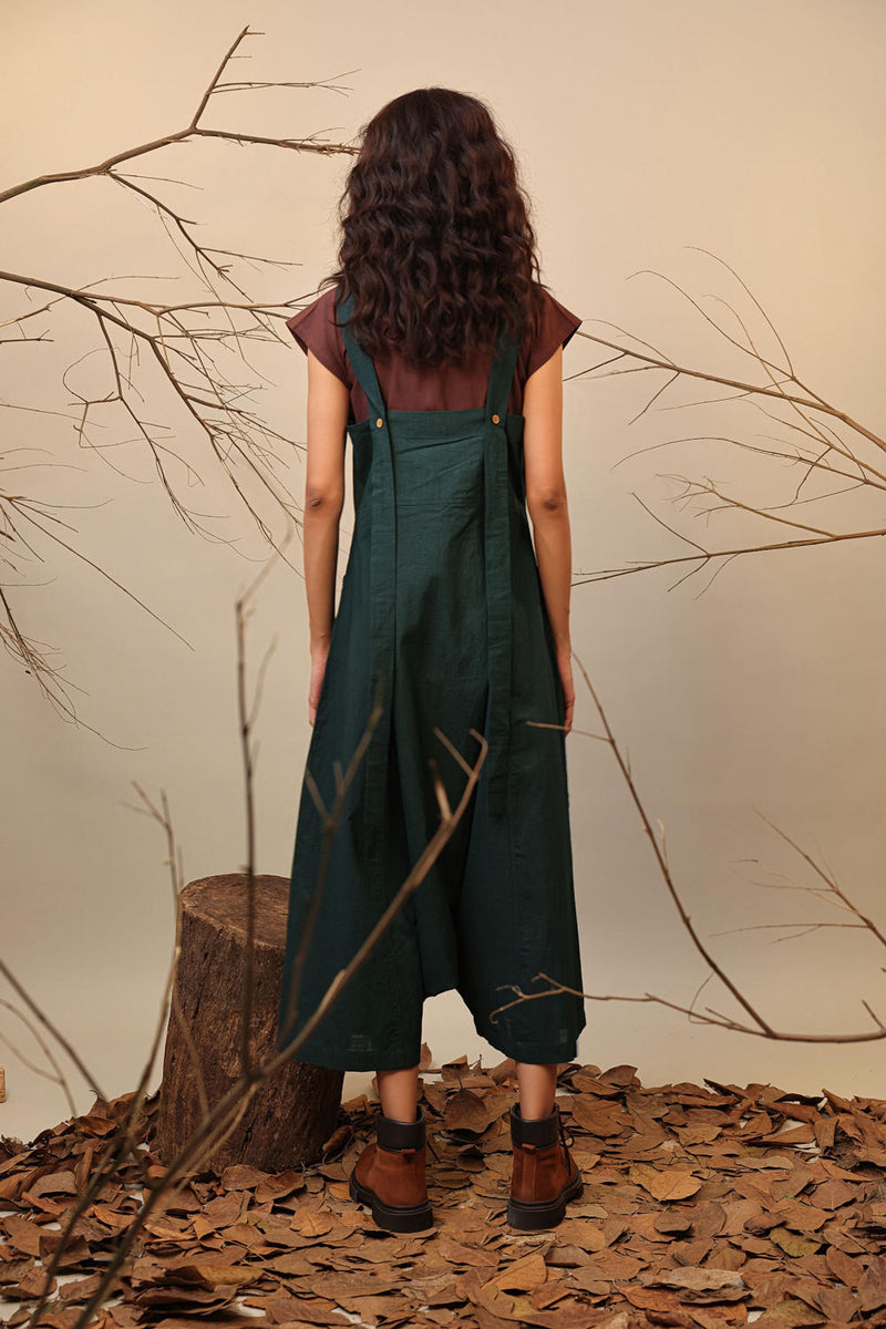 Green Dungarees 100% cotton by Mati in green color for women Worldwide