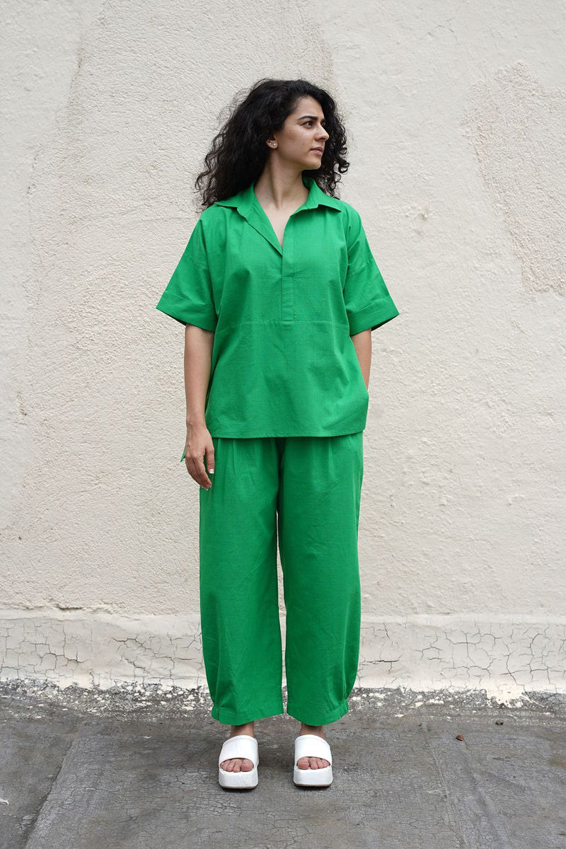 Green Ekin Shirt & Hera Cotton Co-Ord Set (2 PCS) cotton by Mati in green color for women Worldwide