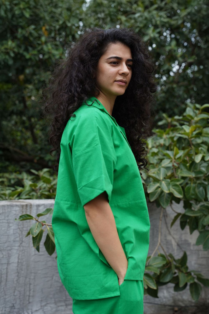 Green Ekin Shirt & Hera Cotton Co-Ord Set (2 PCS) cotton by Mati in green color for women Worldwide