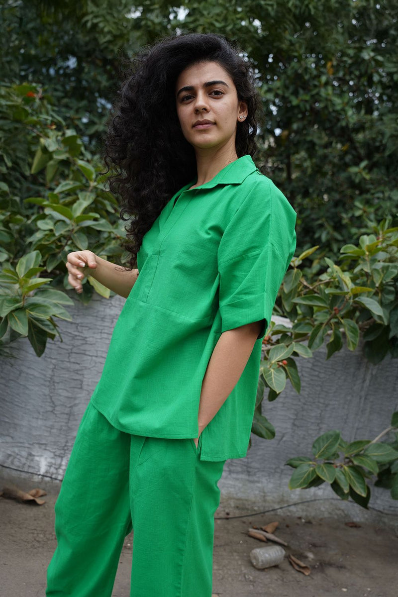 Green Ekin Shirt & Hera Cotton Co-Ord Set (2 PCS) cotton by Mati in green color for women Worldwide