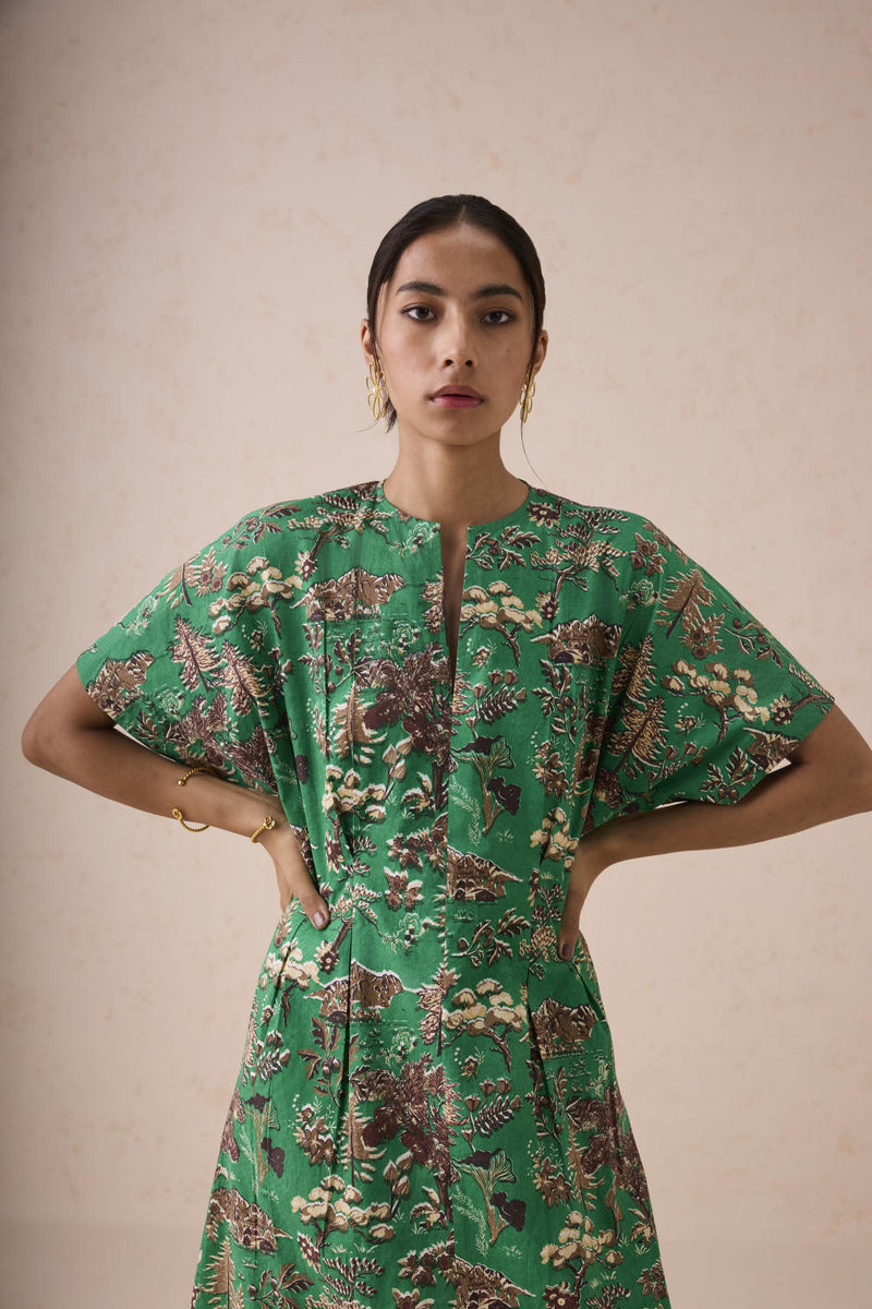 Green Fields Organic Cotton Midi Dress poplin by SUI in green color for women Worldwide