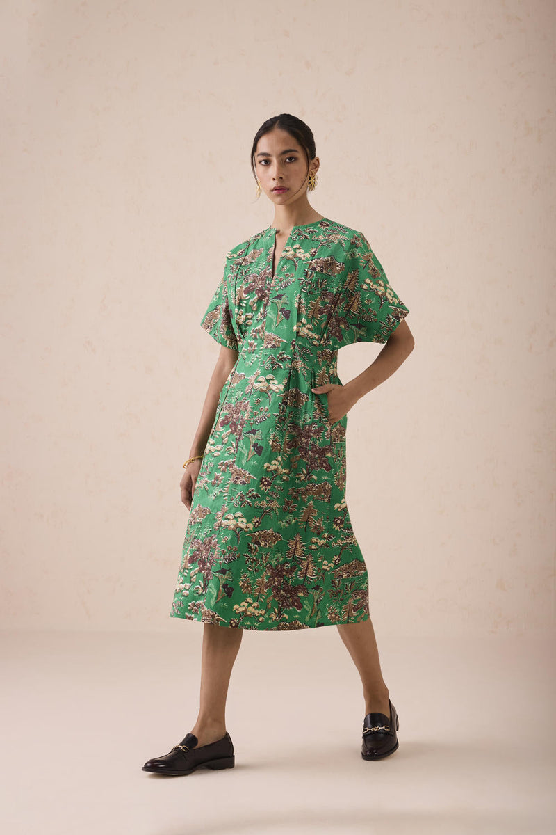 Green Fields Organic Cotton Midi Dress poplin by SUI in green color for women Worldwide